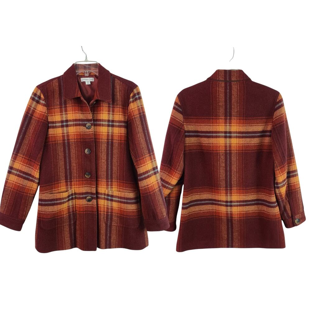Coldwater Creek Wool Blend Lined Plaid Orange Pale Blue Jacket Blazer Coat Small